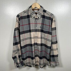 Barbour John Flannel Shirt Size Medium Plaid Button Down Brown Black Preppy